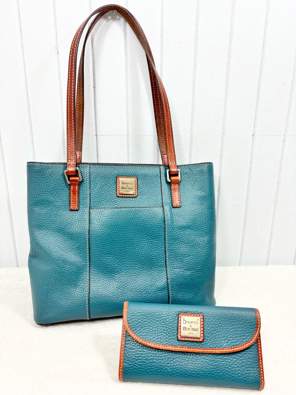 Dooney & Bourke Teal Brown Pebble Leather Tote & Matching Wallet Set